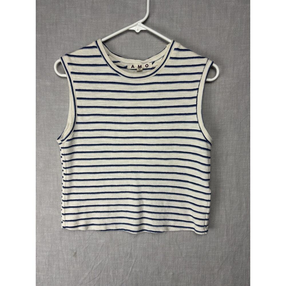 Amo Women Cropped Striped Cotton Crew Neck Tank Sleeveless White Size XS